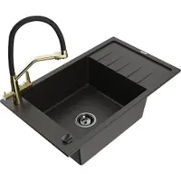 Mexen Elias granieten spoelbak 1-kompartment met afdruiprek en Duo keukenkraan, zwart/goud metallic - 6511-75-671701-57-B