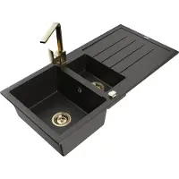 Mexen Andres granieten spoelbak 1,5-komerig met afdruiprek en keukenkraan Rita, zwart/gouden metallic- 6515-75-670300-50