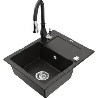 Mexen Enzo granieten gootsteen met 1 bak en afdruiprek en Savita keukenkraan, zwart/goud metallic - 6506-75-672601-70