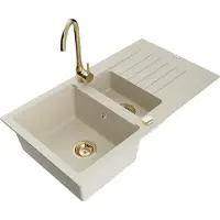 Mexen Matias granieten spoelbak 1,5-komp met afdruiprek en keukenmengkraan Telma, beige - 6502-69-670200-50