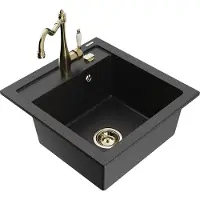 Mexen Vito granieten spoelbak met 1 bak met keukenmengkraan Carla, zwart/zilver metallic - 6503-73-670700-50