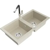 Mexen Mario granieten gootsteen met 2 koen en keukenmengkraan Flora, beige - 6504-69-670401-07