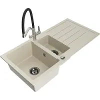 Mexen Andres granieten spoelbak 1,5-komoren met afdruiprek en keukenkraan Duo, beige - 6515-69-671701-07-B