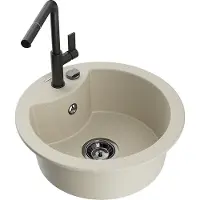 Mexen Diego granieten gootsteen 1-kompartment met keukenkraan Flora, beige - 6512-69-670401-70-B