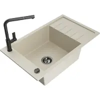 Mexen Elias granieten gootsteen 1-kompartment met afdruiprek en keukenkraan Flora, beige - 6511-69-670401-70-B