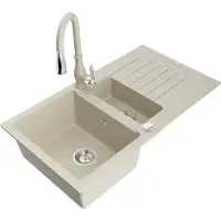 Mexen Matias granieten gootsteen 1,5-kamers met afdruiprek en keukenkraan Savita, beige - 6502-69-672601-69