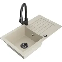 Mexen Pablo granieten gootsteen 1-komorige met afdruiprek en keukenkraan Elia, beige - 6510-69-670101-70