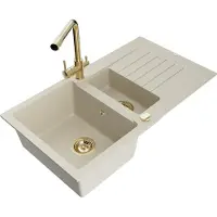 Mexen Matias granieten spoelbak 1,5-kamer met afdruiprek en keukenmengkraan Duero, beige - 6502-69-671600-50