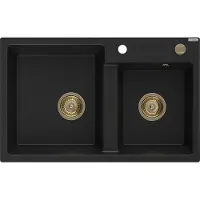 Mexen Tomas granieten gootsteen 2-kamer 800 x 500 , zwart, gouden sifon - 6516802000-77-G