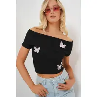 Bigdart Vlinder Applique Off-Shoulder Korte Mouwen Crop Top