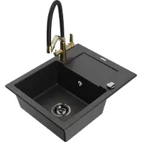 Mexen Enzo granieten spoelbak 1-kamer met druiprek en keukenkraan Duo, zwart/zilver metallic - 6506-73-671701-57-B
