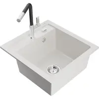 Mexen Vito granieten gootsteen met 1 bak en Flora keukenkraan, wit - 6503-20-670401-07
