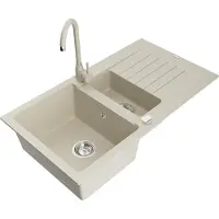 Mexen Matias 1,5-komorige granieten spoelbak met afdruiprek en keukenkraan Telma, beige - 6502-69-670200-69