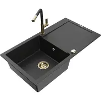 Mexen Leo granieten spoelbak 1-komer met afdruipplaat en keukenmengkraan Flora, zwart/zilver metallic - 6501-73-670401-57-G