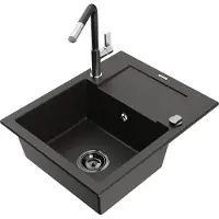 Mexen Enzo granieten spoelbak 1-komers met afdruiprek en keukenmengkraan Flora, zwart/gouden metallic - 6506-75-670401-07-B