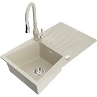 Mexen Cesar granieten gootsteen 1-baks met afdruiprek en keukenmengkraan Savita, beige - 6514-69-672601-69