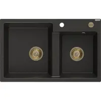Mexen Tomas granieten spoelbak met 2 kamers 800 x 500 , zwart/goud metallic, gouden sifon - 6516802000-75-G