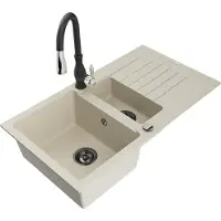 Mexen Matias granieten spoelbak 1,5-kamer met druiprek en keukenmengkraan Savita, beige - 6502-69-672601-70