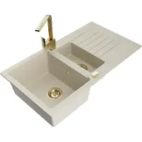 Mexen Matias granieten gootsteen 1,5-komor met afdruiprek en keukenmengkraan Rita, beige - 6502-69-670300-50