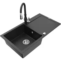 Mexen Leo granitische spoelbak met 1 bak, afdruiprek en keukenmengkraan Savita, zwart/zilver metallic - 6501-73-672601-70