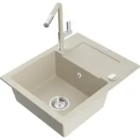 Mexen Enzo granieten gootsteen 1-komors met afdruiprek en keukenmengkraan Flora, beige - 6506-69-670401-09