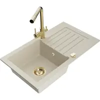 Mexen Pablo granieten spoelbak met 1 bak en afdruiprek en Duero keukenmengkraan, beige - 6510-69-671600-50