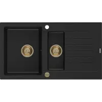 Mexen Matias granieten gootsteen met 1,5 kamers en afdruipplaat 900 x 505 , zwart, gouden sifon - 6502901505-77-G
