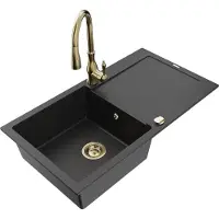 Mexen Leo granieten gootsteen met 1 bak en afdruiprek en Savita keukenkraan, zwart/zilver metallic - 6501-73-672601-50