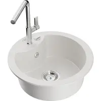 Mexen Diego granieten gootsteen 1-kompartment met keukenkraan Flora, wit - 6512-20-670401-00