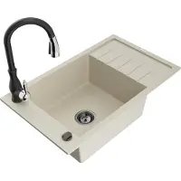 Mexen Elias granieten spoelbak met 1 bak, afdruiprek en Savita keukenkraan, beige - 6511-69-672601-70