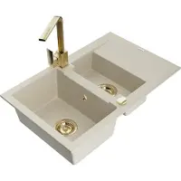 Mexen Gaspar granieten spoelbak 1,5-komorig met afdruiprek en keukenmengkraan Rita, beige - 6507-69-670300-50
