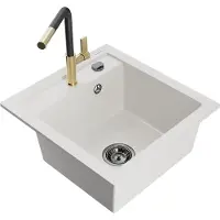 Mexen Vito granieten spoelbak met 1 bak en Flora keukenkraan, wit - 6503-20-670401-57-B