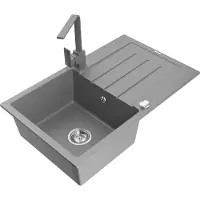 Mexen Bruno enkelvoudige granieten spoelbak met afdruiprek en keukenkraan Rita, grijs - 6513-71-670300-71