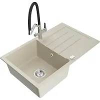 Mexen Bruno granieten gootsteen met 1 compartiment en afdruiprek en keukenmengkraan Duo, beige - 6513-69-671701-07