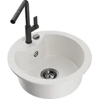 Mexen Diego granieten gootsteen 1-kamer met keukenmengkraan Flora, wit - 6512-20-670401-70-B