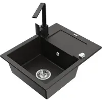 Mexen Enzo granieten gootsteen 1-bak met afdruiprek en keukenkraan Rita, zwart/gouden metallic - 6506-75-670300-70