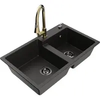 Mexen Tomas granieten spoelbak met 2 kamers en keukenkraan Elia, zwart/goud metallic - 6516-75-670101-50-B