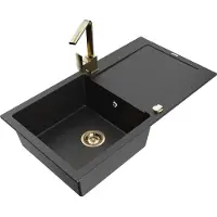 Mexen Leo granitische spoelbak met 1 bak met afdruiprek en keukenkraan Rita, zwart/zilver metallic - 6501-73-670300-50