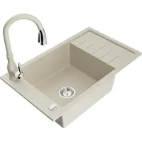 Mexen Elias granieten spoelbak 1-komerig met afdruiprek en keukenkraan Savita, beige - 6511-69-672601-69
