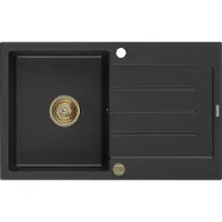 Mexen Bruno granieten gootsteen 1-komorige met afdruiprek 795 x 495 , zwart/zilveren metallic, gouden sifon - 6513791010-73-G