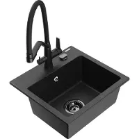 Mexen Milo granieten spoelbak 1-komorige met Duo keukenkraan, zwart/zilver metallic - 6505-73-671701-70-B