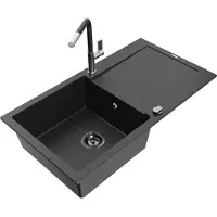 Mexen Leo granieten gootsteen 1-komor met afdruiprek en keukenkraan Flora, zwart/zilver metallic - 6501-73-670401-07-B