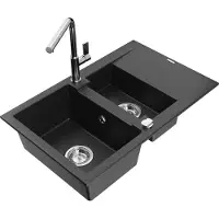 Mexen Gaspar granieten spoelbak 1,5-kamer met afdruiprek en keukenmengkraan Flora, zwart/zilver - 6507-73-670401-00