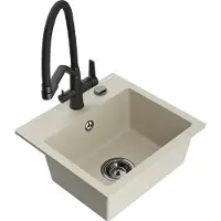 Mexen Milo granieten gootsteen 1-komor met keukenkraan Duo, beige - 6505-69-671701-70-B
