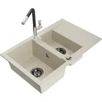 Mexen Gaspar granieten spoelbak 1,5-komor met afdruiprek en keukenkraan Flora, beige - 6507-69-670401-07-B