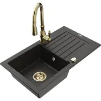 Mexen Pablo granieten gootsteen met 1 bak met afdruiprek en keukenkraan Savita, zwart/goud metallic - 6510-75-672601-50