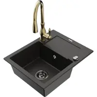 Mexen Enzo granieten spoelbak met 1 kom, afdruiprek en Savita keukenkraan, zwart/gouden metallic - 6506-75-672601-50-B