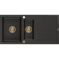 Mexen Andres granieten spoelbak 1,5-komertig met afdruiprek 1000 x 500 zwart/goud metallic, gouden sifon - 6515101510-75-G