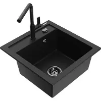 Mexen Vito granieten spoelbak 1-komers met keukenkraan Flora, zwart - 6503-77-670401-70-B