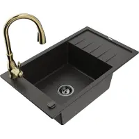 Mexen Elias granieten spoelbak met 1 bak, afdruiprek en keukenmengkraan Savita, zwart/gouden metallic - 6511-75-672601-50-B